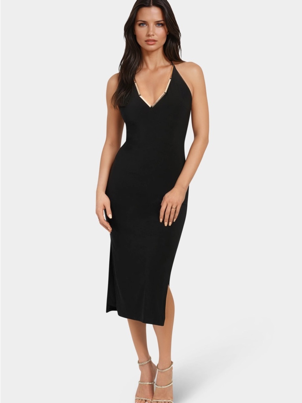 bebe Gold Bar Detail Black Spaghetti Strap Slip Dress with Asymmetric hem